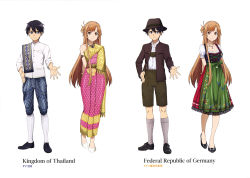Rule 34 | 1boy, 1girl, absurdres, apron, arms behind back, asuna (sao), black eyes, black footwear, black hair, breasts, brown eyes, brown hair, brown hat, brown jacket, brown shorts, cleavage, collarbone, dress shirt, frilled skirt, frills, full body, german clothes, green apron, grey legwear, hand on own hip, hat, highres, jacket, jewelry, kirito, long hair, long skirt, looking at viewer, maeda tatsuyuki, medium breasts, necklace, open clothes, open jacket, outstretched arm, red skirt, see-through, shirt, shorts, simple background, skirt, smile, socks, standing, sword art online, thai clothes, traditional clothes, variations, very long hair, white background, white shirt, white socks