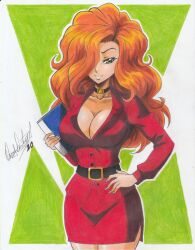 Rule 34 | 1girl, 2020, bell, blue book, book, breasts, cartoon network, choker, cleavage, collarbone, curly hair, formal, green eyes, hand on own hip, highres, holding, holding book, jacket, large breasts, long hair, long sleeves, looking at viewer, nail, powerpuff girls, ravernclouk design, red hair, red jacket, red skirt, red suit, sara bellum, secretary, simple background, skirt, smile, solo, standing, suit, traditional media
