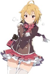 Rule 34 | 1girl, ahoge, bag, blonde hair, blush, blush stickers, breath, brown coat, buttons, closed mouth, coat, commentary, fur trim, highres, ibuki tsubasa, idolmaster, idolmaster million live!, long sleeves, looking at viewer, miniskirt, rauto, red eyes, red skirt, scarf, short hair, simple background, skirt, solo, thighhighs, thighs, white background, white thighhighs, zettai ryouiki