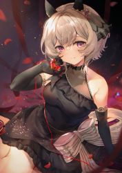 Rule 34 | 1girl, black dress, black gloves, blush, commentary request, curren chan (sakutsuki ma cherie) (umamusume), curren chan (umamusume), dress, elbow gloves, gloves, grey hair, hair between eyes, highres, horse girl, kita (kitairoha), lace, looking at viewer, petals, purple eyes, rose petals, short hair, smile, solo, string, string of fate, umamusume