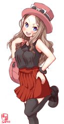 Rule 34 | 1girl, alternate costume, asakaze (kancolle), bag, black shirt, black thighhighs, blue eyes, brown hair, casual, commentary request, cosplay, cowboy shot, creatures (company), dated, eyewear on head, game freak, hat, highres, kanon (kurogane knights), kantai collection, light brown hair, logo, long hair, looking at viewer, nintendo, open mouth, pink hat, pleated skirt, pokemon, red skirt, serena (pokemon), serena (pokemon) (cosplay), shirt, simple background, skirt, sleeveless, sleeveless shirt, smile, solo, teeth, thighhighs, top hat, upper teeth only, wavy hair, white background