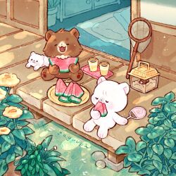 Rule 34 | animal, animal focus, artist name, butterfly net, closed eyes, cup, flower, food, fruit, grass, hand net, highres, no humans, open mouth, original, outdoors, plate, sayuupi, sitting, tray, veranda, watermark, watermelon, watermelon slice, yellow flower