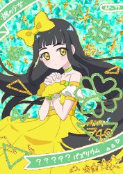 Rule 34 | 1girl, bare shoulders, black hair, blunt bangs, bow, card (medium), choker, closed mouth, commentary request, cowboy shot, detached sleeves, dress, green choker, hair bow, hands up, himitsu no aipri, idol clothes, interlocked fingers, long hair, looking at viewer, pretty series, puffy detached sleeves, puffy sleeves, solo, standing, suzukaze tsumugi, symbol-shaped pupils, translation request, triangle-shaped pupils, wrist cuffs, yellow bow, yellow dress, yellow eyes, yu (prpyuu)