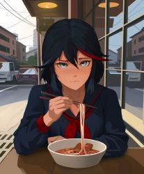 Rule 34 | 1girl, absurdres, car, closed mouth, food, highres, kill la kill, lem, looking at viewer, matoi ryuuko, motor vehicle, multicolored hair, noodles, outdoors, pov, red hair, table, window