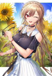 Rule 34 | 1girl, ;d, bag, bare shoulders, blush, breasts, brown hair, choker, clothing cutout, commentary request, earrings, unworn eyewear, flower, furen e lustario, hair between eyes, highres, holding, holding removed eyewear, jewelry, large breasts, long hair, looking at viewer, morichika shuuto, neck ribbon, necklace, nijisanji, one eye closed, open mouth, pleated skirt, purple shirt, red eyes, ribbon, shirt, short sleeves, shoulder bag, shoulder cutout, skirt, smile, solo, sunflower, very long hair, virtual youtuber, watch, white skirt, wristwatch