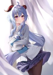 Rule 34 | 1girl, absurdres, ahoge, ayatsuki hina, black pantyhose, blue hair, blue skirt, blush, book, breasts, cardigan, commentary request, cowboy shot, crossed bangs, curtains, from side, ganyu (genshin impact), genshin impact, hair over shoulder, head tilt, highres, holding, holding book, horns, long hair, long sleeves, looking at viewer, low ponytail, pantyhose, pencil case, pleated shirt, pleated skirt, purple eyes, red horns, school uniform, shirt, sidelocks, skirt, sleeves past wrists, solo, very long hair, white cardigan, white shirt, window