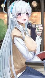 Rule 34 | 1girl, blue archive, blue hair, cafenami, highres, light blue hair, long hair, long sleeves, noa (blue archive), open mouth, purple eyes, shirt, sitting, solo, vest, white shirt