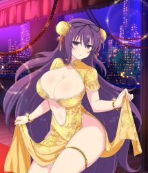 Rule 34 | 1girl, belly, cleavage cutout, bracelet, breasts, china dress, chinese buns, chinese clothes, cleavage, clothes lift, dress, hair ribbon, jewelry, large breasts, legs, legs together, long hair, looking at viewer, murasaki (senran kagura), purple eyes, purple hair, revealing clothes, ribbon, senran kagura, sexually suggestive, side slit, skirt, skirt lift, solo, thick thighs, thighlet, thighs