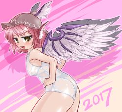 Rule 34 | 1girl, 2017, :d, bare arms, bare shoulders, bird wings, blush, breasts, brown eyes, brown hat, commentary request, cowboy shot, fang, feathered wings, from side, hands on own hips, hat, head wings, looking at viewer, looking to the side, mob cap, mystia lorelei, one-piece swimsuit, open mouth, pink background, pink hair, school swimsuit, see-through, shadow, shiny clothes, shiny skin, small breasts, smile, solo, standing, swimsuit, thighs, touhou, wet, wet clothes, white one-piece swimsuit, white school swimsuit, winged hat, wings, winn