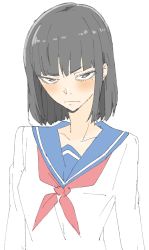 Rule 34 | 1girl, absurdres, bad id, bad twitter id, blue sailor collar, blush, bob cut, closed mouth, commentary request, donguri suzume, grey eyes, grey hair, highres, long sleeves, looking at viewer, mole, mole under eye, neckerchief, original, red neckerchief, sailor collar, shirt, simple background, solo, upper body, white background, white shirt