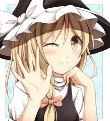 Rule 34 | 1girl, bad id, bad pixiv id, blonde hair, blush, bow, head rest, elbow rest, hat, hat bow, kirisame marisa, kuroganeruto, one eye closed, solo, touhou, wink, witch hat, yellow eyes