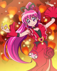 Rule 34 | 10s, 1girl, aino megumi, alternate form, blush, brooch, choker, cure lovely, cure lovely (cherry flamenco), dancing, detached sleeves, dress, earrings, flower, hair flower, hair ornament, happinesscharge precure!, heart, heart background, heart brooch, highres, jewelry, lipstick, long hair, magical girl, makeup, orange background, pink eyes, pink hair, precure, red dress, red flower, red rose, rose, smile, solo, watosonshi, wide ponytail