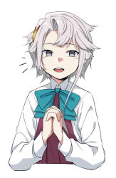 Rule 34 | 1girl, akishimo (kancolle), aqua neckwear, commentary request, cropped torso, dress shirt, grey eyes, kantai collection, long hair, looking at viewer, moti coi, open mouth, own hands clasped, own hands together, school uniform, shirt, short hair, short hair with long locks, silver hair, simple background, smile, solo, teeth, upper teeth only, white background, white shirt