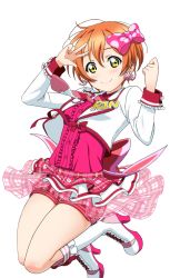 Rule 34 | 1girl, artist request, blush, boots, bow, breasts, character name, clenched hand, closed mouth, earrings, frills, hair between eyes, hair bow, high heel boots, high heels, hoshizora rin, idol, jacket, jewelry, jumping, long sleeves, looking at viewer, love live!, love live! school idol festival, love live! school idol festival after school activity, love live! school idol project, necktie, official art, orange hair, short hair, small breasts, smile, solo, transparent background, w, yellow eyes