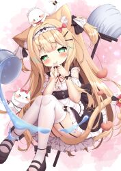 Rule 34 | 1girl, animal, animal ear fluff, animal ears, animal on head, black dress, black footwear, blonde hair, blush, breasts, cat, cat ears, cat girl, cat tail, cleavage, covering own mouth, crossed fingers, dress, garter straps, green eyes, hair ornament, hairclip, highres, long hair, maid, maid headdress, mop, on head, original, ribbon, shoes, short dress, small breasts, solo, tail, thighhighs, thighs, two side up, very long hair, white thighhighs, yuyumaru (yuyuyuyuyuyu030)