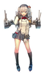Rule 34 | 10s, 1girl, :d, bad id, bad pixiv id, beret, black hat, black skirt, black socks, blue eyes, blush, breasts, buttons, epaulettes, frilled sleeves, frills, full body, gloves, hat, jacket, kantai collection, kashima (kancolle), kerchief, kneehighs, long sleeves, looking at viewer, medium breasts, military, military jacket, military uniform, miniskirt, neckerchief, open mouth, pleated skirt, red neckerchief, shiba 0, silver hair, simple background, skirt, smile, socks, solo, standing, turret, twintails, uniform, wavy hair, white background, white gloves, white jacket