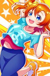 Rule 34 | 1girl, arm up, blue eyes, blue pants, blue shirt, bow, collarbone, hair bow, highres, keplerlovelive, kosaka honoka, long hair, looking at viewer, love live!, love live! school idol project, midriff peek, navel, one side up, open mouth, orange footwear, orange hair, pants, shirt, shoes, short sleeves, smile, sneakers, solo, star (symbol), yellow bow