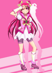 Rule 34 | 00s, 1girl, bad id, bad pixiv id, cure dream, earrings, gyuniku, hair rings, highres, jewelry, long hair, magical girl, one eye closed, pink background, pink eyes, pink hair, pink shorts, pink theme, precure, shorts, shorts under skirt, smile, solo, v, wink, yes! precure 5, yumehara nozomi
