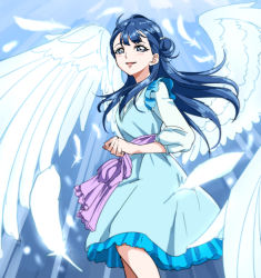 Rule 34 | 10s, 1girl, blue dress, blue eyes, blue hair, bow, dress, feathered wings, feathers, floating hair, hugtto! precure, long hair, looking at viewer, pinafore dress, precure, shirt, sleeveless, sleeveless dress, solo, tsukikage oyama, waist bow, white feathers, white shirt, white wings, wings, yakushiji saaya