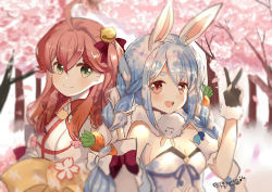 Rule 34 | 2girls, :d, ahoge, animal ear fluff, animal ears, bell, black gloves, blue hair, blush, bow, braid, breasts, carrot hair ornament, cleavage, closed mouth, commentary request, dress, flower, food-themed hair ornament, fur-trimmed gloves, fur trim, gloves, green eyes, hair bell, hair between eyes, hair bow, hair ornament, hand up, hololive, japanese clothes, jingle bell, kimono, long hair, lunacats, medium breasts, miko, multicolored hair, multiple girls, one side up, open mouth, petals, pink flower, rabbit ears, red bow, red eyes, red hair, round teeth, sakura miko, sakura miko (1st costume), short eyebrows, smile, strapless, strapless dress, teeth, thick eyebrows, tree, twin braids, two-tone hair, upper body, upper teeth only, usada pekora, usada pekora (1st costume), v, virtual youtuber, white dress, white hair, white kimono