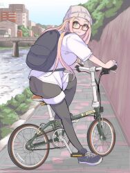 Rule 34 | 1girl, ass, backpack, bag, beanie, bicycle, black bag, black shorts, black thighhighs, blonde hair, blue sky, breasts, bridge, building, closed mouth, day, from side, full body, glasses, green eyes, hadashi no kenji, hat, highres, leaning forward, light smile, long hair, looking at viewer, medium breasts, original, outdoors, red-framed eyewear, river, shirt, shoes, short sleeves, shorts, shoulder strap, sky, sneakers, straddling, thighhighs, tree, water, white hat, white shirt