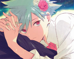 Rule 34 | 1boy, alternate eye color, bad id, bad twitter id, closed mouth, collared shirt, commentary request, creatures (company), flower, game freak, green hair, hair between eyes, hair flower, hair ornament, interlocked fingers, ittumozzz, jewelry, looking at viewer, male focus, necktie, nintendo, own hands together, pink flower, pink necktie, pokemon, pokemon rse, red eyes, ring, shirt, solo, steven stone, white shirt