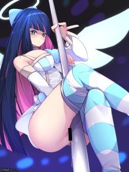 Rule 34 | 1girl, 2020, angel, bar censor, black background, blue background, blue bow, blue hair, bow, breasts, censored, choker, dated, detached sleeves, female focus, from below, halo, handjob gesture, long hair, medium breasts, multicolored hair, nipple slip, nipples, panty &amp; stocking with garterbelt, pink hair, pole, purple hair, skirt, solo, stocking (psg), striped clothes, striped thighhighs, stripper pole, tagme, thighhighs, thighs, two-tone hair, very long hair, wings
