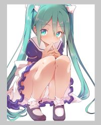 Rule 34 | 1girl, blue shirt, bow, caburi, commentary request, green eyes, green hair, hair between eyes, hair bow, hatsune miku, highres, knees together feet apart, long hair, mary janes, own hands together, panties, pantyshot, ribbon, shirt, shoes, simple background, skirt, smile, socks, solo, squatting, twintails, underwear, upskirt, very long hair, vocaloid, white background, white panties, white skirt