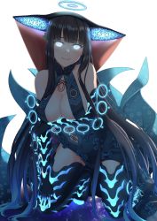 Rule 34 | 1girl, backlighting, bare shoulders, black dress, black gloves, black headwear, black thighhighs, blue eyes, blunt bangs, blush, breasts, center opening, dress, elbow gloves, fate/grand order, fate (series), gloves, glowing, glowing eyes, hair ornament, halo, highres, huangyouxingren, kneeling, large breasts, leaf hair ornament, long hair, looking at viewer, purple hair, smile, solo, thighhighs, thighs, very long hair, yang guifei (fate), yang guifei (third ascension) (fate)