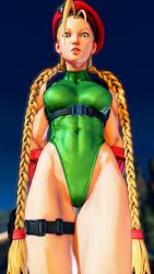 Rule 34 | 1girl, 3d, absurdres, antenna hair, bare shoulders, blonde hair, blue eyes, braid, breasts, cammy white, clenched hand, covered navel, curvy, gloves, green leotard, hat, highleg, highleg leotard, highres, leotard, lips, long hair, looking at viewer, medium breasts, red gloves, red hat, ryona, screencap, shiny clothes, sky, solo, street fighter, street fighter v, thighs, third-party edit, thong leotard, twin braids, very long hair, wide hips