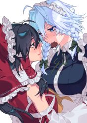 Rule 34 | 2girls, ahoge, aqua hair, black hair, blue eyes, blush, bow, braid, candy, chocolate, chocolate heart, detached sleeves, eye contact, face-to-face, food, frilled hair tubes, frills, grey eyes, hair bow, hair tubes, hakurei reimu, heart, highres, himadera, izayoi sakuya, long hair, looking at another, maid headdress, mouth hold, multiple girls, red bow, red ribbon, ribbon, ribbon-trimmed sleeves, ribbon trim, touhou, twin braids, twitter username, valentine, white hair, yuri