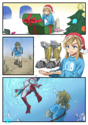 Rule 34 | 1boy, 1girl, christmas present, christmas tree, crossed arms, from below, gift, hat, holding breath, link, armored boots, mipha, monbetsu kuniharu, nintendo, nintendo switch, nintendo switch shirt, peeking, pointy ears, santa hat, sweater, the legend of zelda, the legend of zelda: breath of the wild, treasure chest, underwater, zora
