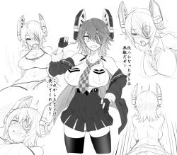 Rule 34 | 1girl, alternate costume, bare shoulders, bikini, bikini bottom aside, black gloves, black thighhighs, blush, bouncing breasts, breast pocket, breasts, check translation, checkered clothes, checkered neckwear, cleavage, clenched teeth, closed eyes, clothing aside, collarbone, collared shirt, commentary, covered navel, eyepatch, fur-trimmed jacket, fur trim, gloves, greyscale, hair between eyes, half-closed eyes, hand on own hip, headgear, implied sex, jacket, kantai collection, kurumaou, large breasts, long sleeves, looking at viewer, monochrome, motion lines, multiple views, navel, necktie, nose blush, off shoulder, open mouth, partially fingerless gloves, pocket, remodel (kantai collection), saliva, shirt, short hair, sideboob, simple background, smile, standing, sweat, swimsuit, tears, teeth, tenryuu (kancolle), thighhighs, tongue, tongue out, translation request, white background, zettai ryouiki