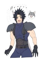 Rule 34 | 1boy, ah yoshimizu, armor, belt, black eyes, black fur, black gloves, black hair, blue eyes, blue pants, blue sweater, blush, commentary, crisis core final fantasy vii, cropped legs, dog, excited, final fantasy, final fantasy vii, gloves, happy, highres, leather belt, male focus, multiple belts, open mouth, pants, parted bangs, pauldrons, shiba inu, shoulder armor, simple background, sleeveless, sleeveless turtleneck, solo, spiked hair, suspenders, sweater, sword, tongue, tongue out, turtleneck, upper body, weapon, weapon on back, white background, zack fair