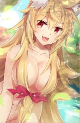 Rule 34 | 1girl, animal ears, bad id, bad twitter id, blonde hair, blush, breasts, character request, cleavage, fang, fox ears, front ponytail, hair censor, hair ribbon, long hair, medium breasts, navel, nude, open mouth, orange eyes, pokoten (pokoten718), ribbon, smile, solo, sparkle, tree, water