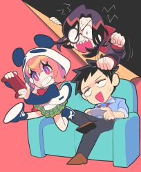 Rule 34 | 1girl, 2boys, afterimage, animal hood, black background, black eyes, black hair, black pants, blue shirt, blue sleeves, chibi, clenched teeth, commentary, constricted pupils, controller, couch, figure four sitting, fourth wall, full body, gashi-gashi, green skirt, head tilt, high collar, highres, hitting, holding, holding controller, hood, hood up, hoodie, jumping, lanyard, long hair, long sleeves, midair, monocle, motion lines, multiple boys, nijisanji, on couch, open mouth, panda hood, pants, pink hair, playing games, pleated skirt, red background, sasaki saku, sasaki saku (1st costume), serious, sharp teeth, shellin burgundy, shellin burgundy (1st costume), shirt, shoes, short hair, shout lines, simple background, skirt, small sweatdrop, smile, symbol-only commentary, tareme, teeth, v-shaped eyebrows, virtual youtuber, white hoodie, white shirt, yashiro kizuku, yashiro kizuku (1st costume)