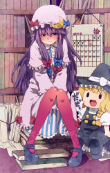 Rule 34 | 1girl, blonde hair, blue eyes, blush, book, bookshelf, buttons, calendar (object), character doll, crescent, crescent moon, doll, dress, female focus, hair ribbon, hat, highres, kirisame marisa, long hair, mary janes, moon, pantyhose, patchouli knowledge, pink pantyhose, purple hair, red pantyhose, ribbon, shoes, sitting, solo, stuffed toy, takanashi ringo, touhou, translated, v arms, witch, witch hat