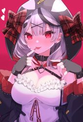 Rule 34 | 1girl, black gloves, black hair, black jacket, blush, bow, braid, breasts, camisole, choker, cleavage, ear piercing, finger to mouth, fingerless gloves, front braid, gloves, heart, heart print, highres, hololive, hood, jacket, large breasts, multicolored hair, nail polish, off-shoulder jacket, off shoulder, piercing, red background, red bow, red eyes, red nails, sakamata chloe, sakamata chloe (1st costume), short hair, solo, sweatdrop, tongue, tongue out, two-tone hair, ute (perouthi), virtual youtuber, white camisole, white hair