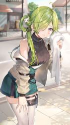 Rule 34 | 1girl, ahoge, bare shoulders, black sweater, day, girl cafe gun, green hair, green skirt, grey jacket, hair over one eye, hair rings, hand on own thigh, high-waist skirt, highres, holding, jacket, long hair, long sleeves, looking at viewer, miniskirt, momoko (momopoco), nie shirou (girl cafe gun), off shoulder, official art, open clothes, open jacket, outdoors, parted lips, purple eyes, ribbed sweater, road, skirt, sleeveless, sleeveless sweater, sleeveless turtleneck, solo, standing, street, sweat, sweater, thighhighs, towel, turtleneck, turtleneck sweater, white thighhighs, zettai ryouiki