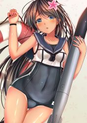 Rule 34 | 1girl, alternate costume, black hair, blue eyes, blush, collarbone, commentary request, cosplay, covered navel, flower, hair flower, hair ornament, highres, houshou (kancolle), kantai collection, lifebuoy, long hair, looking at viewer, old school swimsuit, one-piece swimsuit, parted lips, ponytail, ro-500 (kancolle), ro-500 (kancolle) (cosplay), sazamiso rx, school swimsuit, school uniform, serafuku, simple background, solo, swim ring, swimsuit, swimsuit under clothes, tan, tanline, torpedo, white background