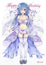 Rule 34 | 10s, 1girl, :d, alternate hair length, alternate hairstyle, blue eyes, blue flower, blue hair, blue rose, blush, bra, breasts, bridal veil, detached sleeves, eyes visible through hair, floral background, flower, full body, hair flower, hair ornament, hair over one eye, happy birthday, highres, jewelry, kyou hotaru, lace, lace-trimmed bra, lace trim, long hair, looking at viewer, mary janes, medium breasts, miniskirt, navel, necklace, open mouth, re:zero kara hajimeru isekai seikatsu, rem (re:zero), ring, rose, round teeth, shoes, skirt, smile, solo, sparkle, teeth, thighhighs, twitter username, underwear, veil, wedding band, white thighhighs, x hair ornament