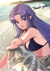 Rule 34 | 1girl, alternate costume, beach, bikini, black bikini, braid, breasts, cleavage, commentary request, commission, day, english text, fate/grand order, fate/stay night, fate (series), lips, long hair, looking at viewer, matsui haru, medea (fate), medium breasts, outdoors, parted bangs, parted lips, pointy ears, purple eyes, purple hair, purple lips, sand, sarong, side braid, sidelocks, sitting, skeb commission, solo, sunlight, swimsuit, thank you, water