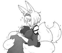 Rule 34 | 1boy, 1girl, animal ear fluff, animal ears, bare shoulders, between breasts, breasts, couple, fox ears, fox girl, fox tail, greyscale, hairband, hand on another&#039;s head, head between breasts, headpat, hug, latenight, monochrome, multiple tails, original, short hair, smile, tail, upper body, white background