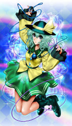 Rule 34 | 1girl, aqua hair, blouse, boots, bow, checkered background, flower, green eyes, hat, hat bow, heart, heart of string, highres, jumping, knees together feet apart, komeiji koishi, light particles, looking at viewer, open mouth, pointing, pointing up, shirt, short hair, skirt, solo, sparkle, third eye, touhou, umami (sakeikura), wide sleeves