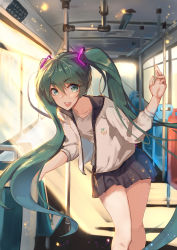 Rule 34 | 1girl, bus interior, green eyes, green hair, hatsune miku, highres, light rays, long hair, looking at viewer, mou zhi pingguo, open mouth, skirt, solo, sunbeam, sunlight, twintails, very long hair, vocaloid