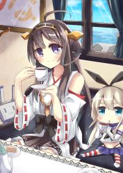 Rule 34 | 10s, 2girls, blonde hair, blue eyes, double bun, elbow gloves, gloves, hair bun, hair ornament, hairband, headgear, highres, japanese clothes, kantai collection, kongou (kancolle), long hair, microskirt, miko, multiple girls, nontraditional miko, open mouth, personification, pleated skirt, purple eyes, rensouhou-chan, ribbon-trimmed sleeves, ribbon trim, shimakaze (kancolle), skirt, soramuko, striped clothes, striped legwear, striped thighhighs, thighhighs, | |, || ||