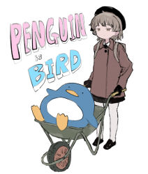 Rule 34 | 1girl, asasow, backpack, bag, beret, bird, black footwear, black gloves, black hat, black ribbon, black skirt, brown coat, brown eyes, brown hair, closed mouth, coat, collared coat, commentary request, english text, expressionless, full body, gloves, hair ribbon, hat, hatoba tsugu, holding, jitome, loafers, looking ahead, medium hair, pantyhose, penguin, ribbon, shoes, simple background, skirt, solo, standing, stuffed animal, stuffed penguin, stuffed toy, tsugu (vtuber), virtual youtuber, wheelbarrow, white background, white pantyhose