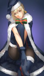 Rule 34 | &gt;:), 1girl, artoria pendragon (all), artoria pendragon (fate), black dress, black footwear, black gloves, black pantyhose, blonde hair, boots, cape, dress, fate/grand order, fate (series), fur trim, gloves, hair ribbon, hat, knee up, looking at viewer, pantyhose, parted lips, ribbon, saber alter, santa hat, short dress, short hair, sitting, smile, solo, thigh boots, thighhighs, thighhighs under boots, three k (spiritus no honoo), v-shaped eyebrows, yellow eyes