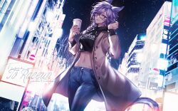 Rule 34 | 1girl, animal ears, black-framed eyewear, black tank top, breasts, brown jacket, cat ears, cat tail, city lights, cityscape, commission, denim, feet out of frame, final fantasy, final fantasy xiv, glasses, hand in own hair, highres, jacket, jeans, lamppost, lipstick, looking at viewer, makeup, medium breasts, medium hair, midriff, miqo&#039;te, navel, night, night sky, pants, purple eyes, purple hair, road sign, sign, skeb commission, sky, smile, solo, tail, tank top, warrior of light (ff14), yuli (yulipo)