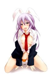 Rule 34 | 1girl, all fours, animal ears, blazer, blush, bottomless, breasts, carrot, censored, dd mayohara, dildo, dress shirt, female focus, food, food insertion, highres, jacket, kneeling, long hair, necktie, nipples, no bra, object insertion, open clothes, open mouth, open skirt, purple hair, pussy juice, rabbit ears, red eyes, red necktie, reisen udongein inaba, sex toy, shirt, simple background, skirt, small breasts, smile, solo, touhou, vaginal, white background